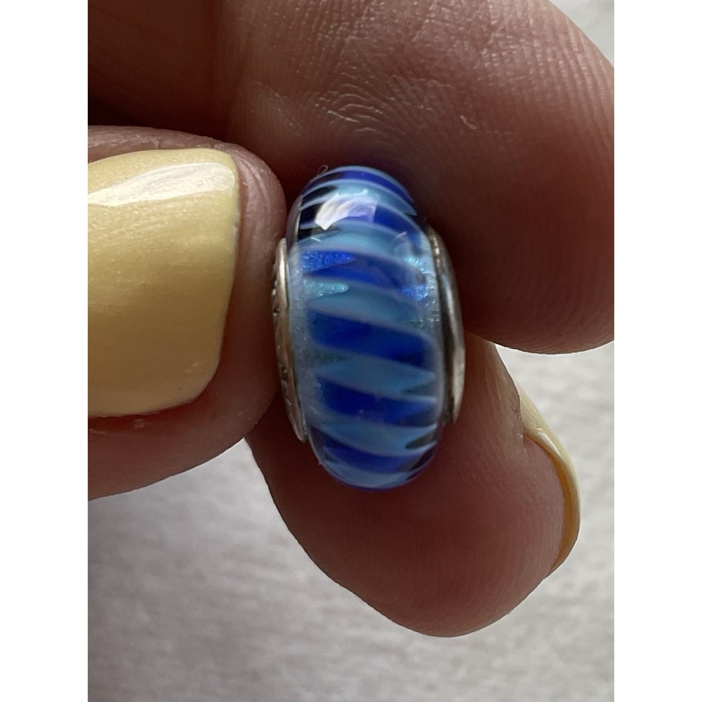 retired Pandora "Blue Stripes" (or Zig Zag) Murano glass charm ALE 925 Sterling